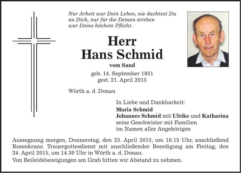 Traueranzeige Hans Schmid