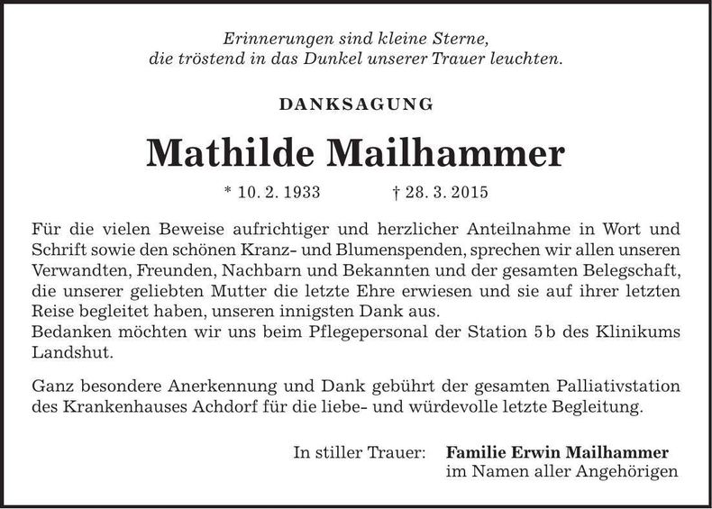 Traueranzeige Mathilde Mailhammer