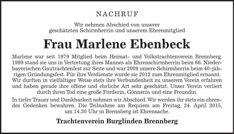 Traueranzeige Marlene Ebenbeck