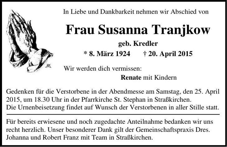Traueranzeige Susanna Tranjkow