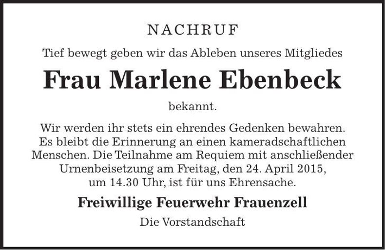 Traueranzeige Marlene Beiderbeck
