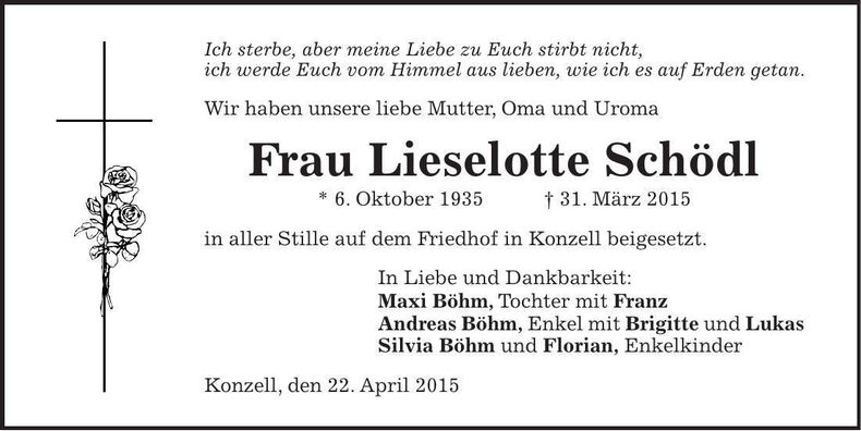 Traueranzeige Lieselotte Schödl