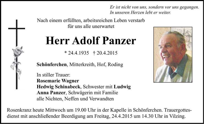 Traueranzeige Adolf Panzer