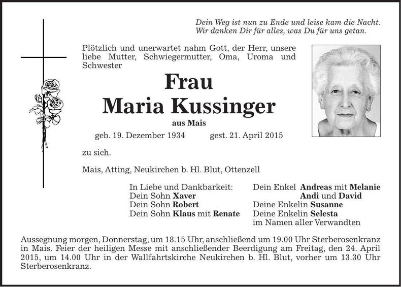 Traueranzeige Maria Kussinger