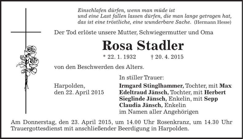 Traueranzeige Rosa Stadler