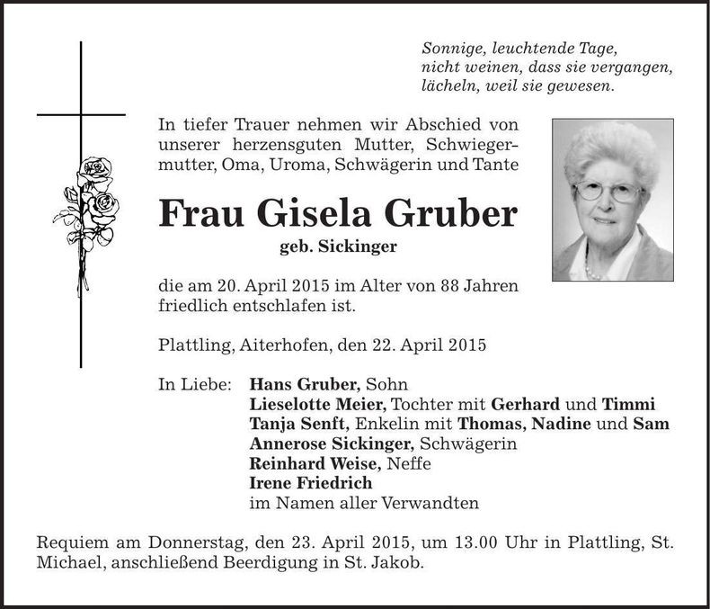 Traueranzeige Gisela Gruber
