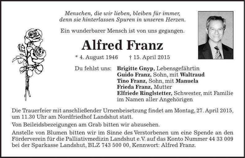 Traueranzeige Alfred Franz