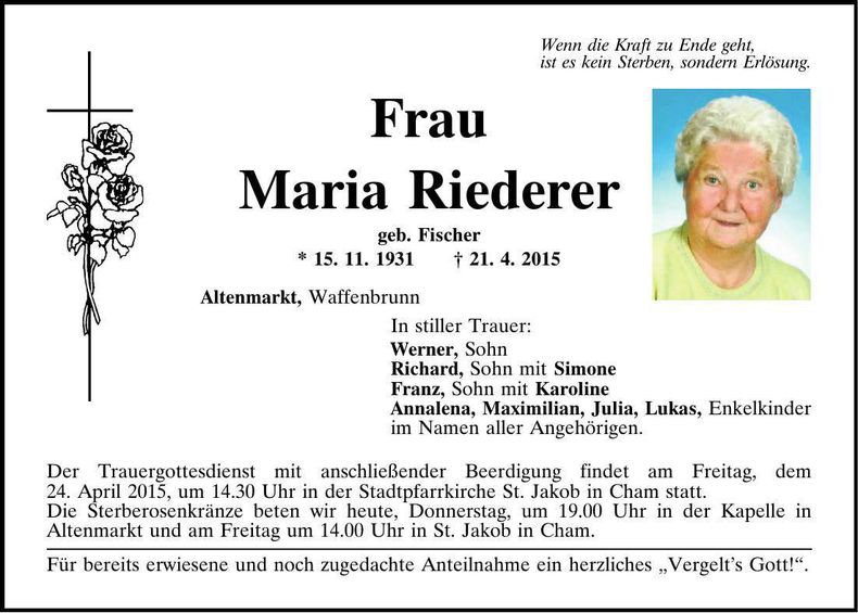 Traueranzeige Maria Riederer