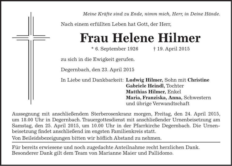 Traueranzeige Helene Hilmer