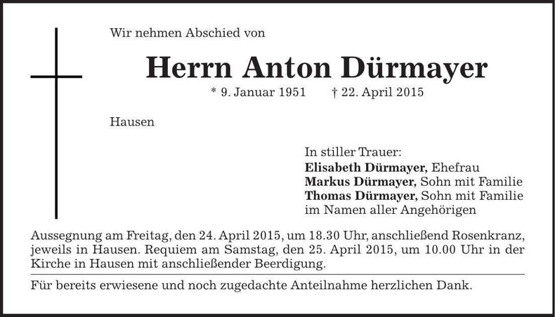 Traueranzeige Anton Dürmayer