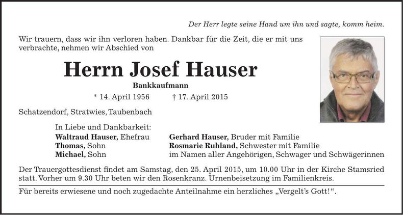 Traueranzeige Josef Hauser