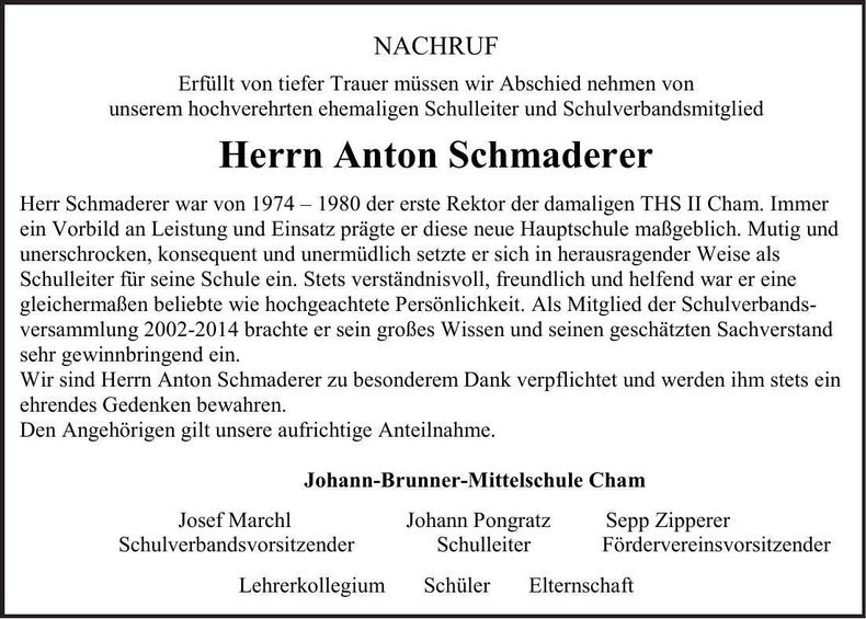 Traueranzeige Anton Schmaderer