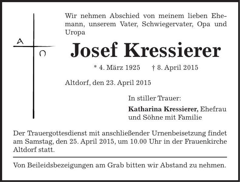 Traueranzeige Josef Kressierer