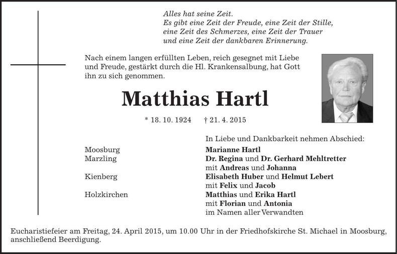 Traueranzeige Mattias Hartl