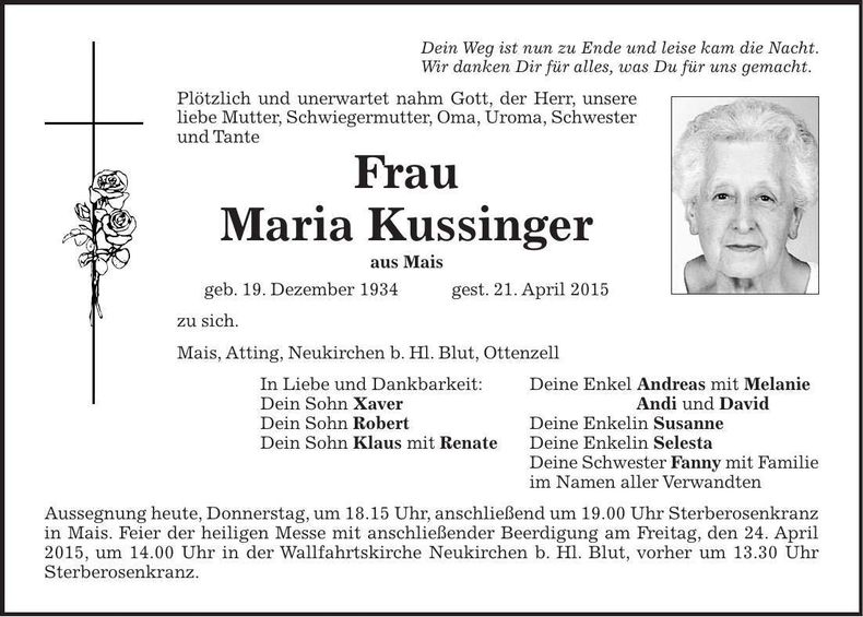 Traueranzeige Maria Kussinger
