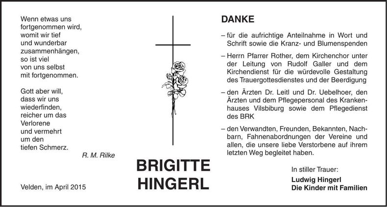 Traueranzeige Brigitte Hingerl