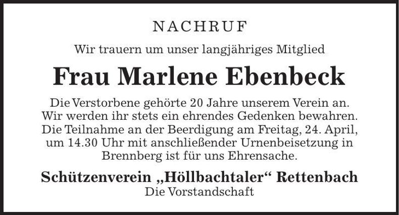 Traueranzeige Marlene Ebenbeck