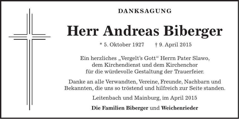 Traueranzeige Andreas Biberger