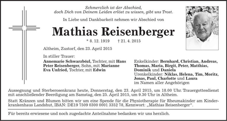 Traueranzeige Mathias Reisenberger