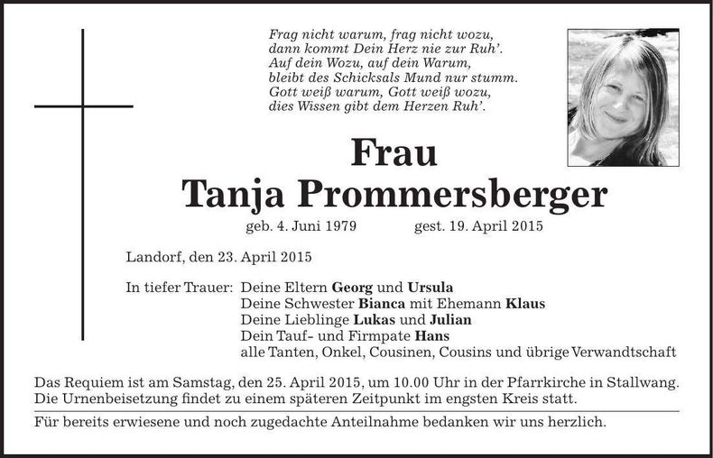 Traueranzeige Tanja Prommersberger