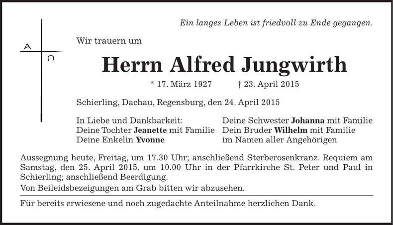 Traueranzeige Alfred Jungwirth