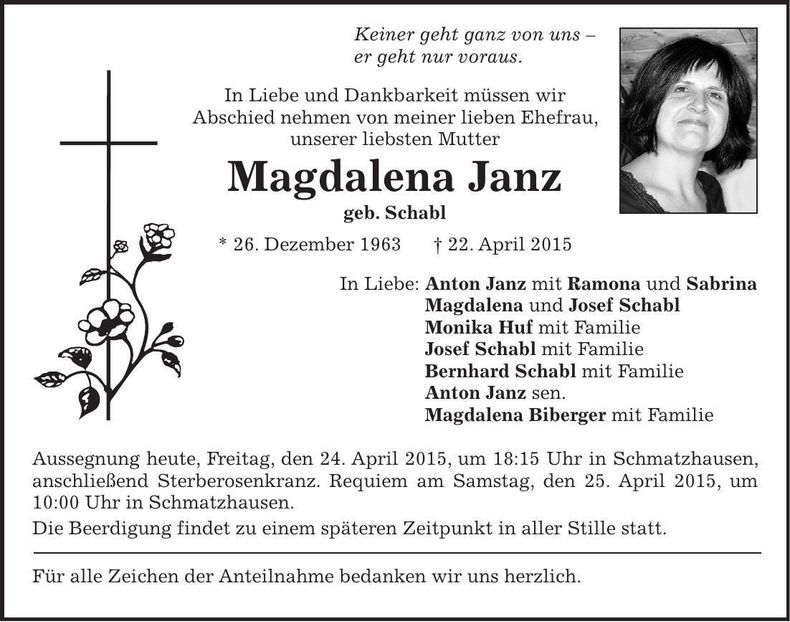 Traueranzeige Magdalena Janz