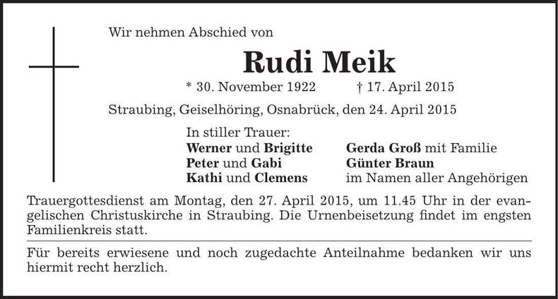 Traueranzeige Rudi Meik