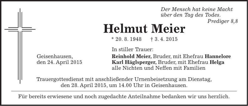 Traueranzeige Helmut Meier