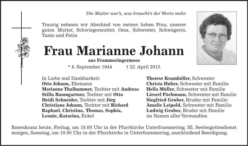 Traueranzeige Marianne Johann