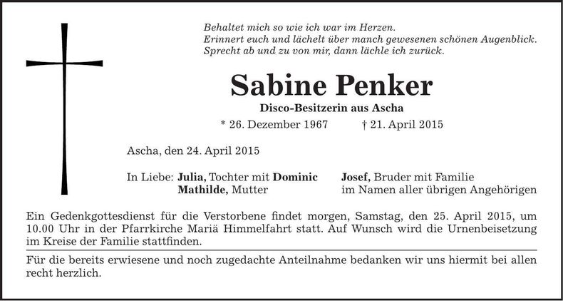 Traueranzeige Sabine Penker