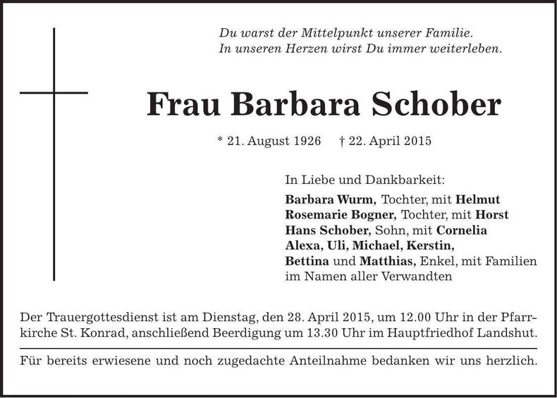 Traueranzeige Barbara Schober