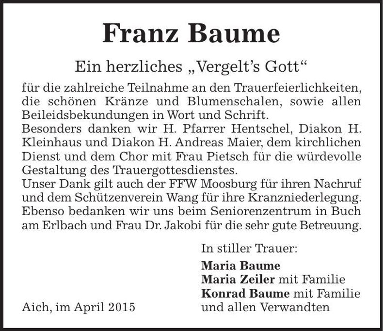 Traueranzeige Baume Franz