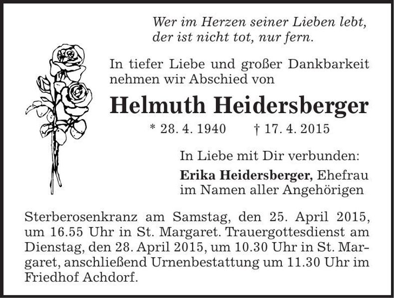 Traueranzeige Helmuth Heidersberger