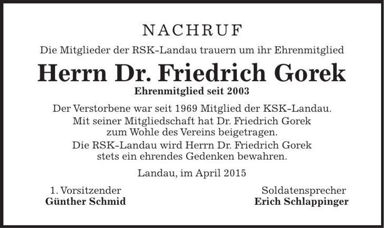 Traueranzeige Dr. Friedrich Gorek