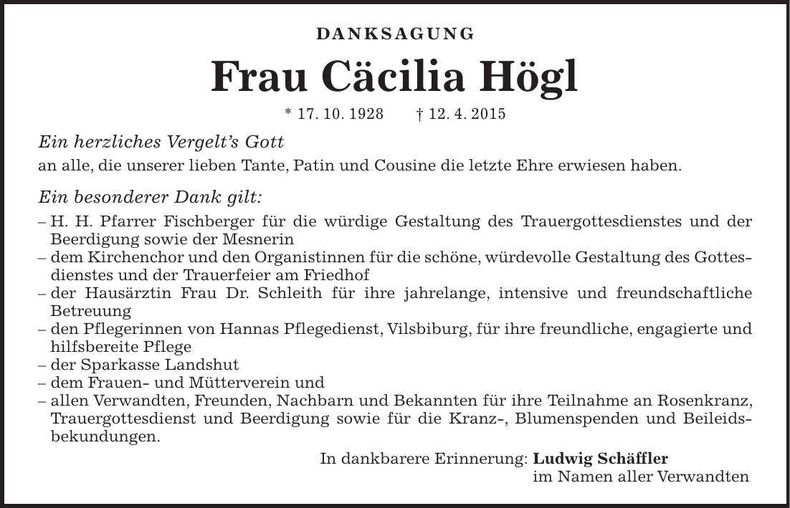 Traueranzeige Cäcilia Högl