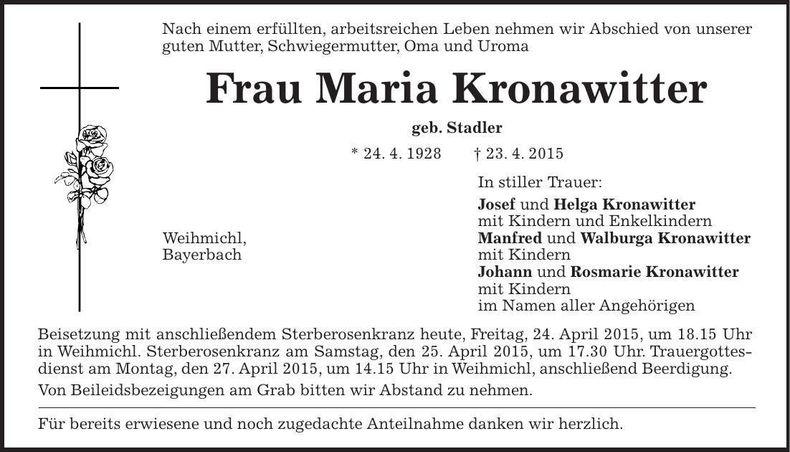 Traueranzeige Maria Kronawitter
