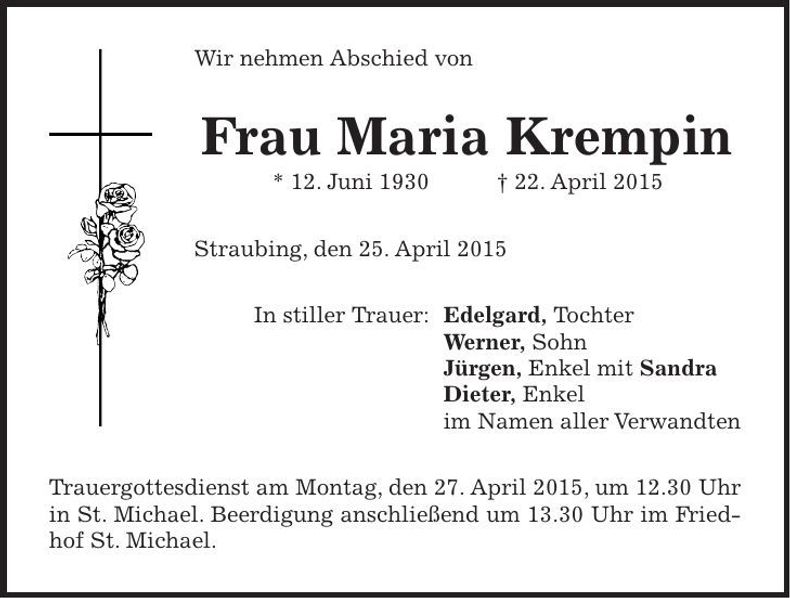 Traueranzeige Maria Krempin