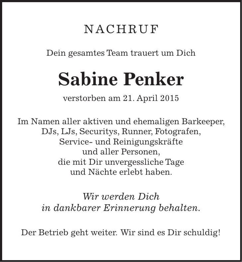 Traueranzeige Sabine Penker