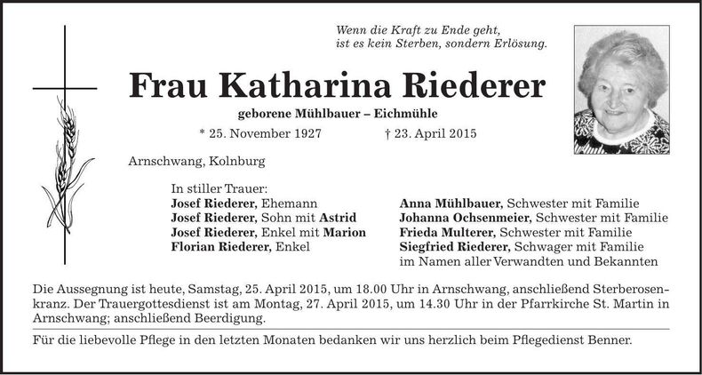 Traueranzeige Katharina Riederer