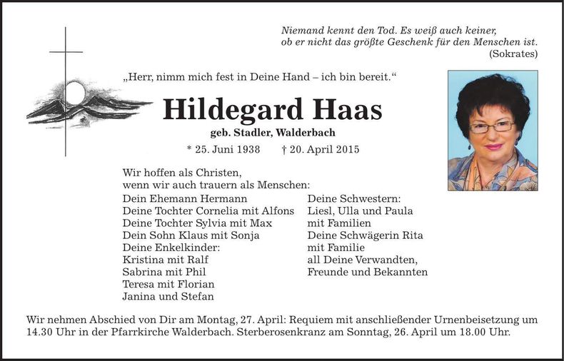 Traueranzeige Hildegard Haas