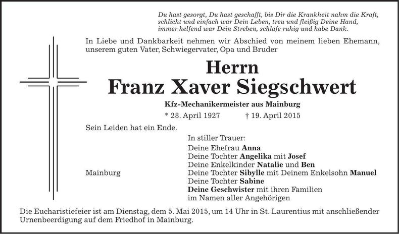 Traueranzeige Franz Xaver Siegschwert