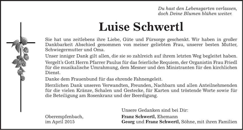 Traueranzeige Luise Schwertl