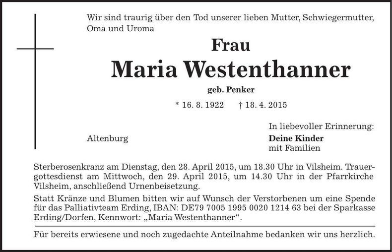 Traueranzeige Maria Westenthanner