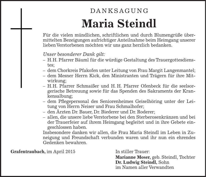 Traueranzeige Maria Steindl