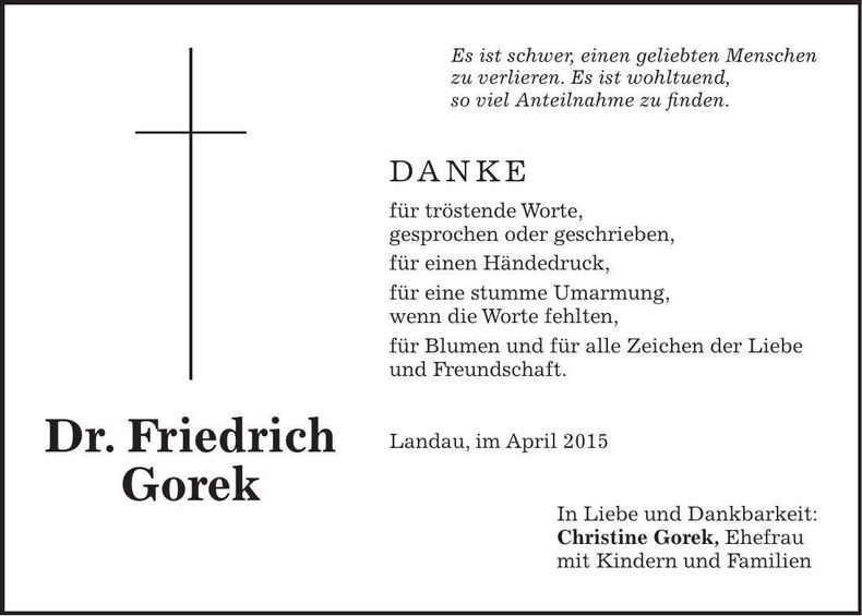Traueranzeige Dr. Friedrich Gorek