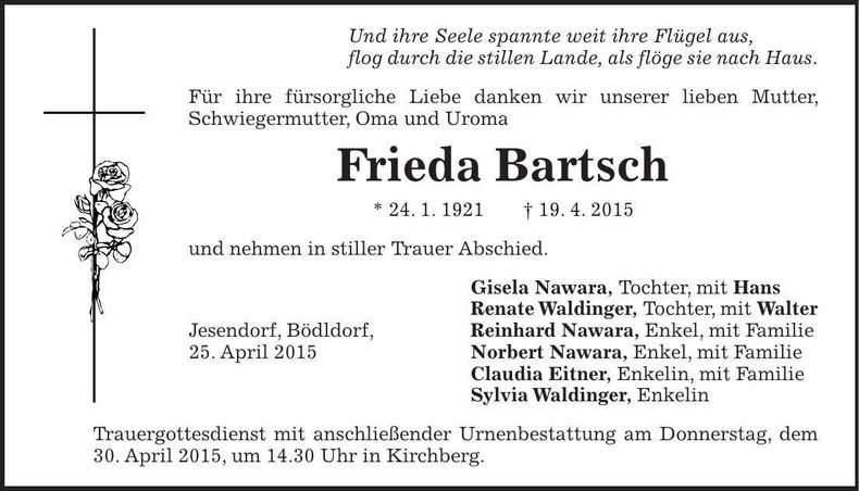 Traueranzeige Frieda Bartsch