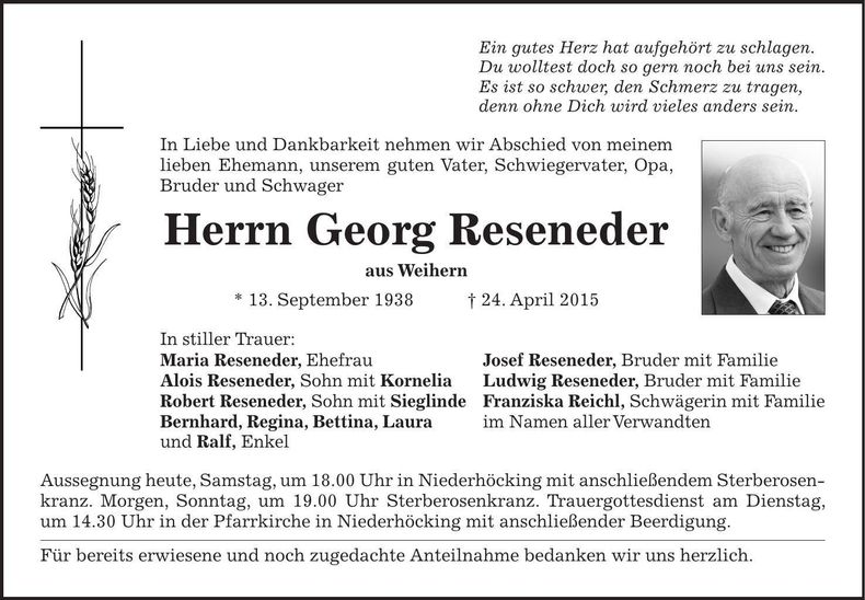 Traueranzeige Georg Reseneder