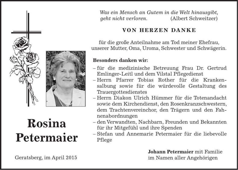 Traueranzeige Rosina Petermaier