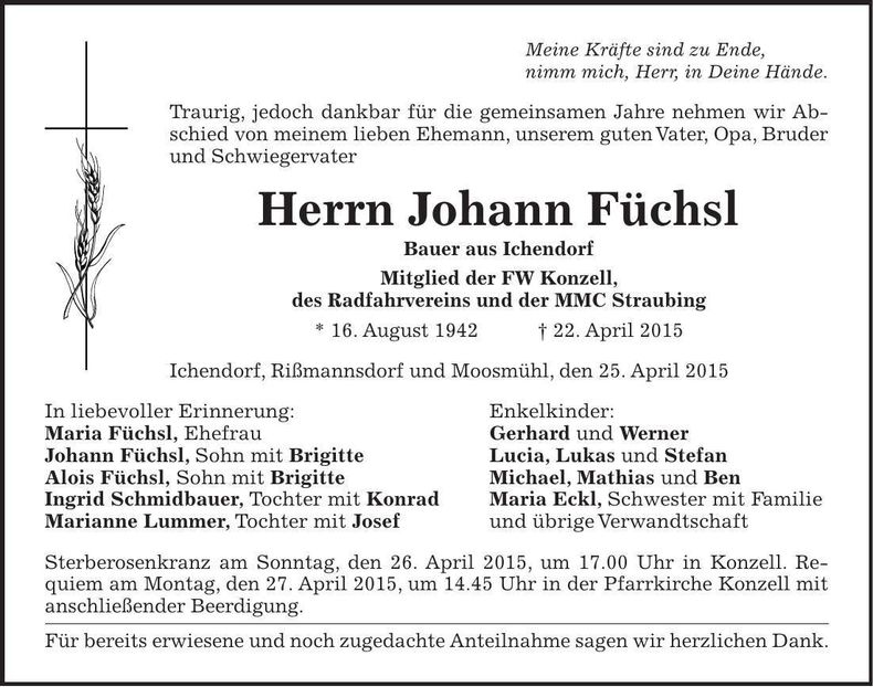 Traueranzeige Johann Füchsl