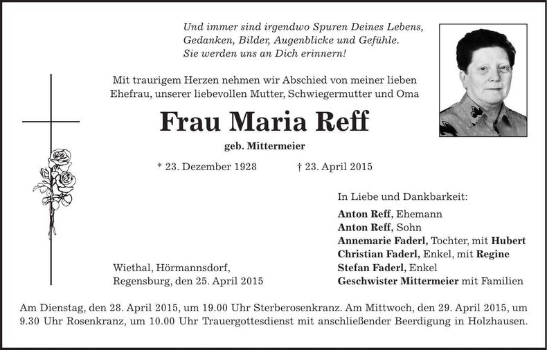 Traueranzeige Maria Reff